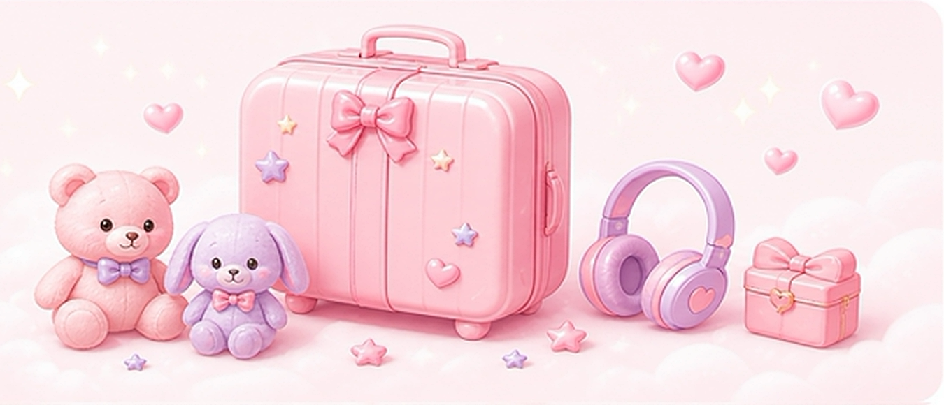 Pink character gift box with plush toys and headphones